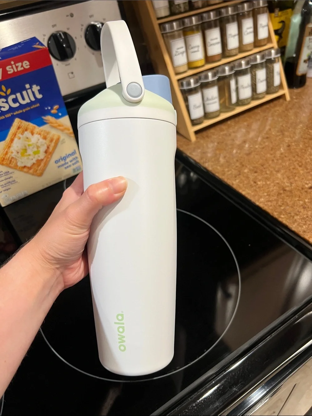 New! Owala White & Light Blue Insulated Water Bottle with Handle